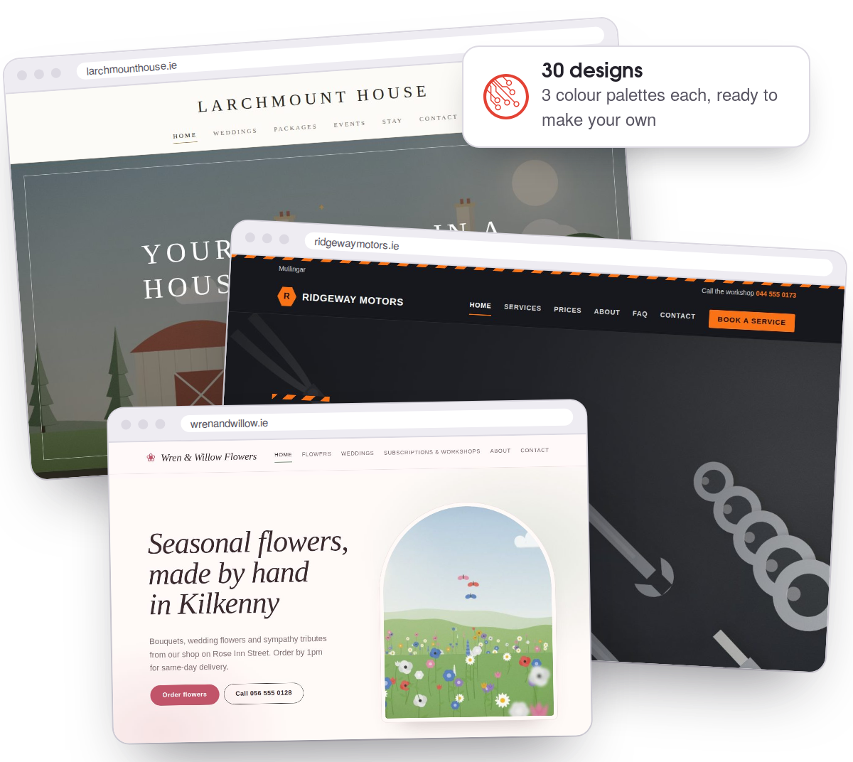 Three small business websites built with Pagician, in the Soirée, Forge and Petal designs