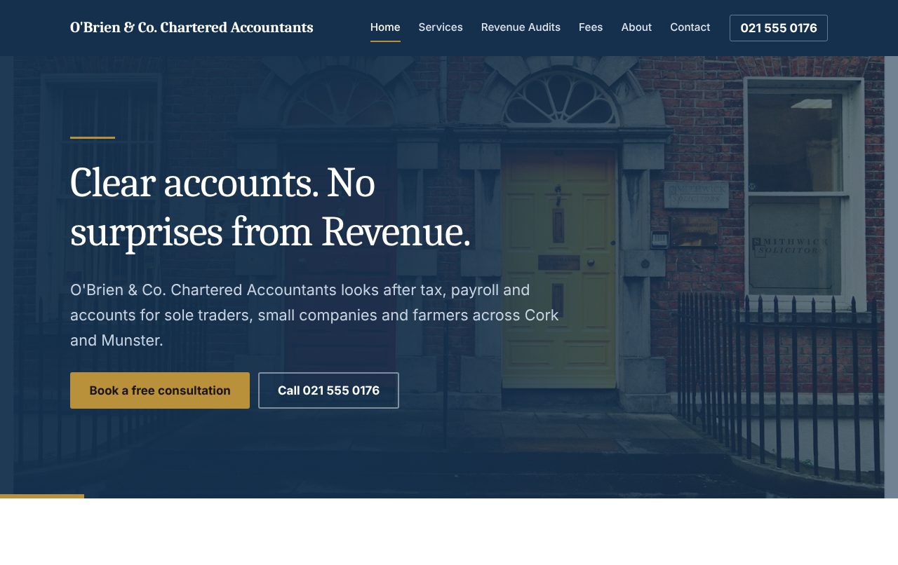 A sample home page in the Ledger design (professional, navy, serif)